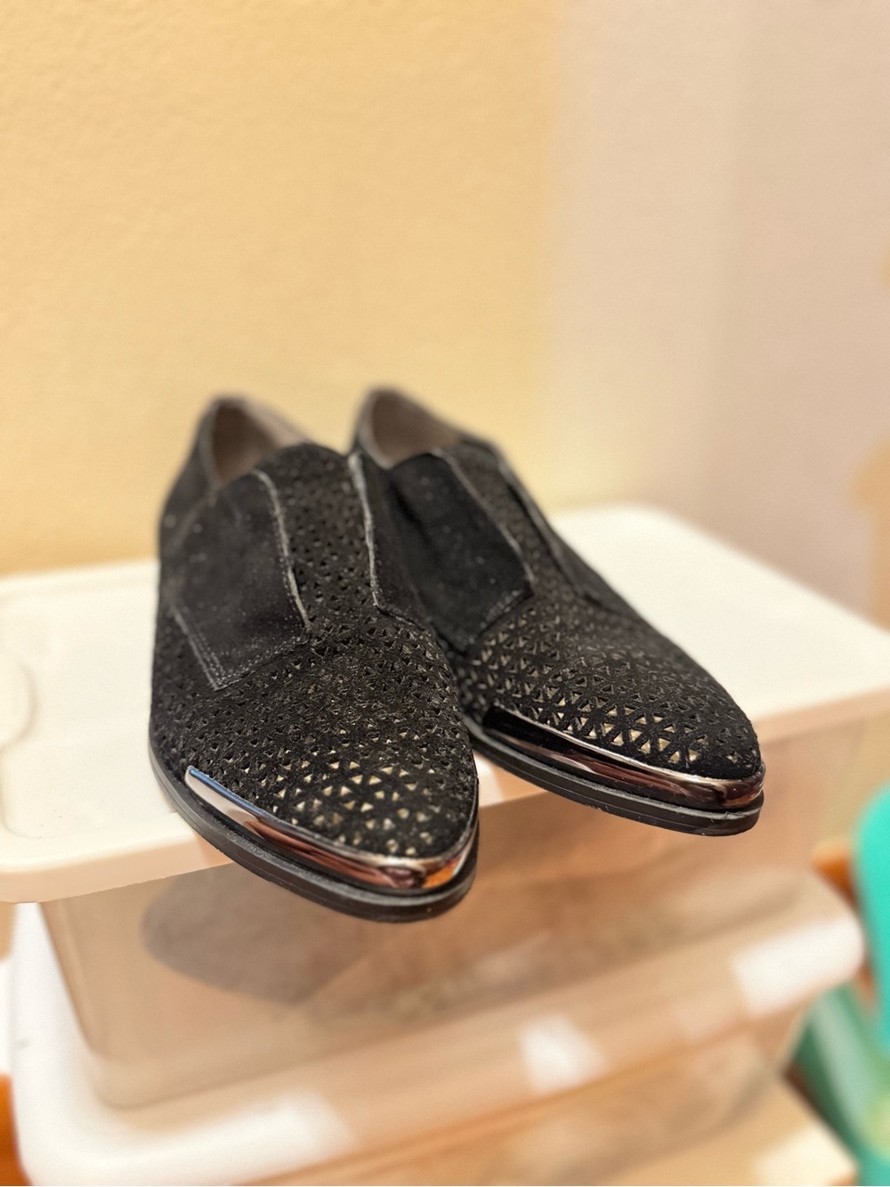 Fergie Black Perforated Suede Slip-On Loafers with Metal Trim